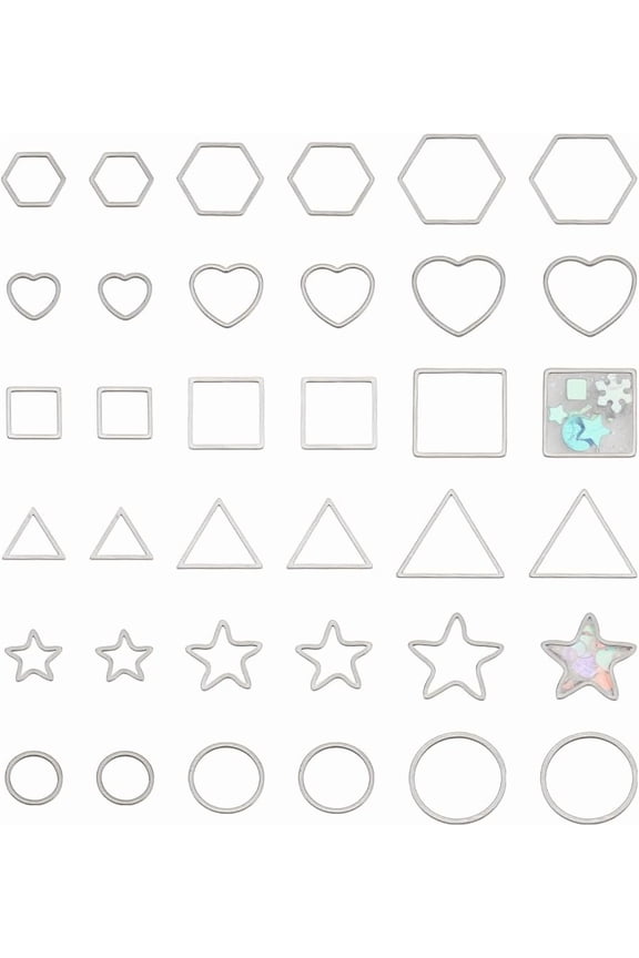 72 pcs 6 Shapes 3 Sizes 304 Stainless Steel Hollow Pendant Charms Heart/Round/Star/Circle/Triangle Metal Frame Open Bezel Pendants for UV Resin Crafts Earring Necklace DIY Jewelry Making