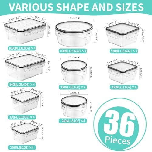 72 piece Food Storage Containers Set with Airtight Lids (36 Containers & 36 Lids), Plastic Leak-Proof Kitchen Storage Containers for Pantry Organizers and storage - Meal Prep, Lunch Containers