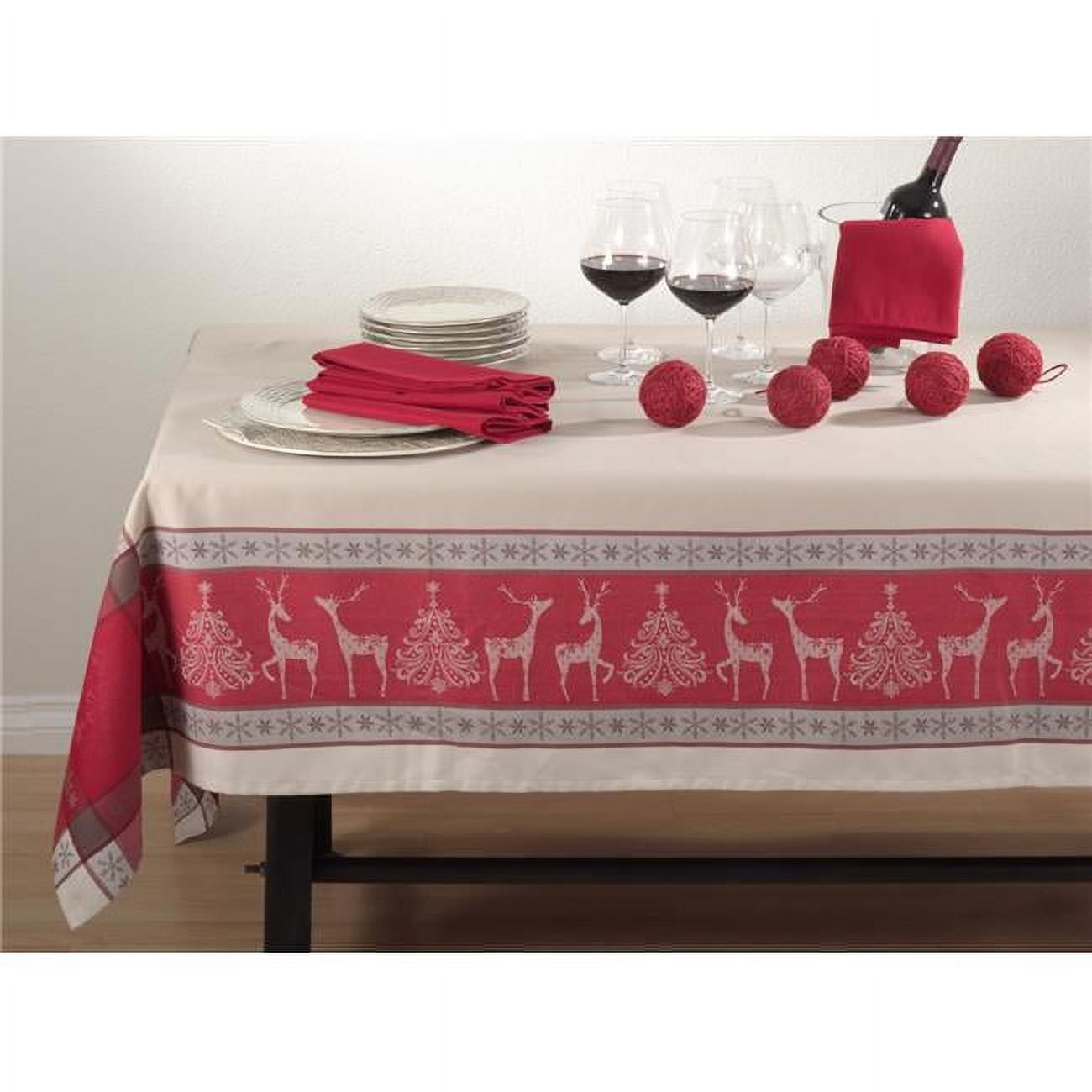 Red and Beige Jacquard Christmas Tablecloth with Reindeer Design