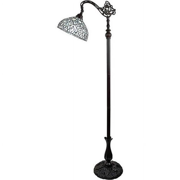 72 x 12 x 12 in. Brown Traditional Shaped Floor Lamp with White Peacock Feather Stained Glass Dome Shade