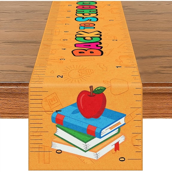 72 x 13 Inches Back to School Table Runner, Colorful Ruler Design Linen Burlap Table Decor with Books and Apples for Classroom, Teacher Desk, First Day of School, and Welcome Back Decorations