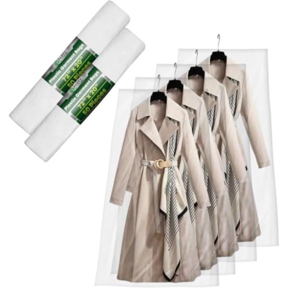 72 x 20 Inch Disposable Clear Garment Bags 100 Pack Heavy-Duty Plastic Clothes Covers for Suits Dresses Coats Closet Travel