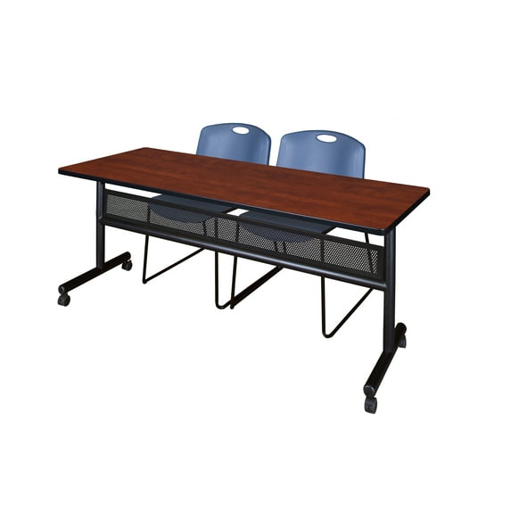 Regency Kobe 72 x 24 in. Flip-Top Privacy Nesting Table- Cherry, 2 Zeng Stack Chairs- Blue
