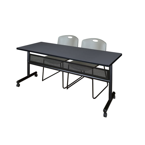 72" x 24" Flip Top Mobile Training Table with Modesty Panel- Grey and 2 Zeng Stack Chairs- Grey