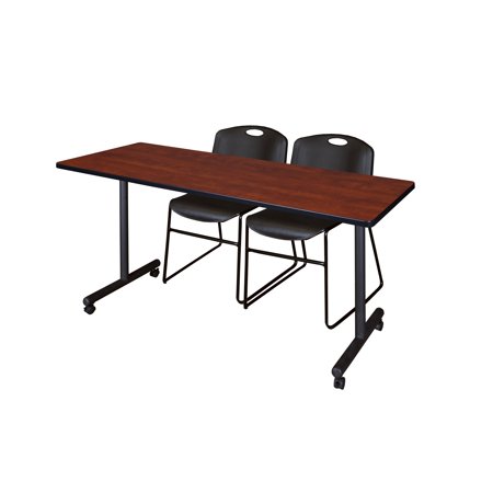 72" x 24" Kobe Mobile Training Table- Cherry & 2 Zeng Stack Chairs- Black
