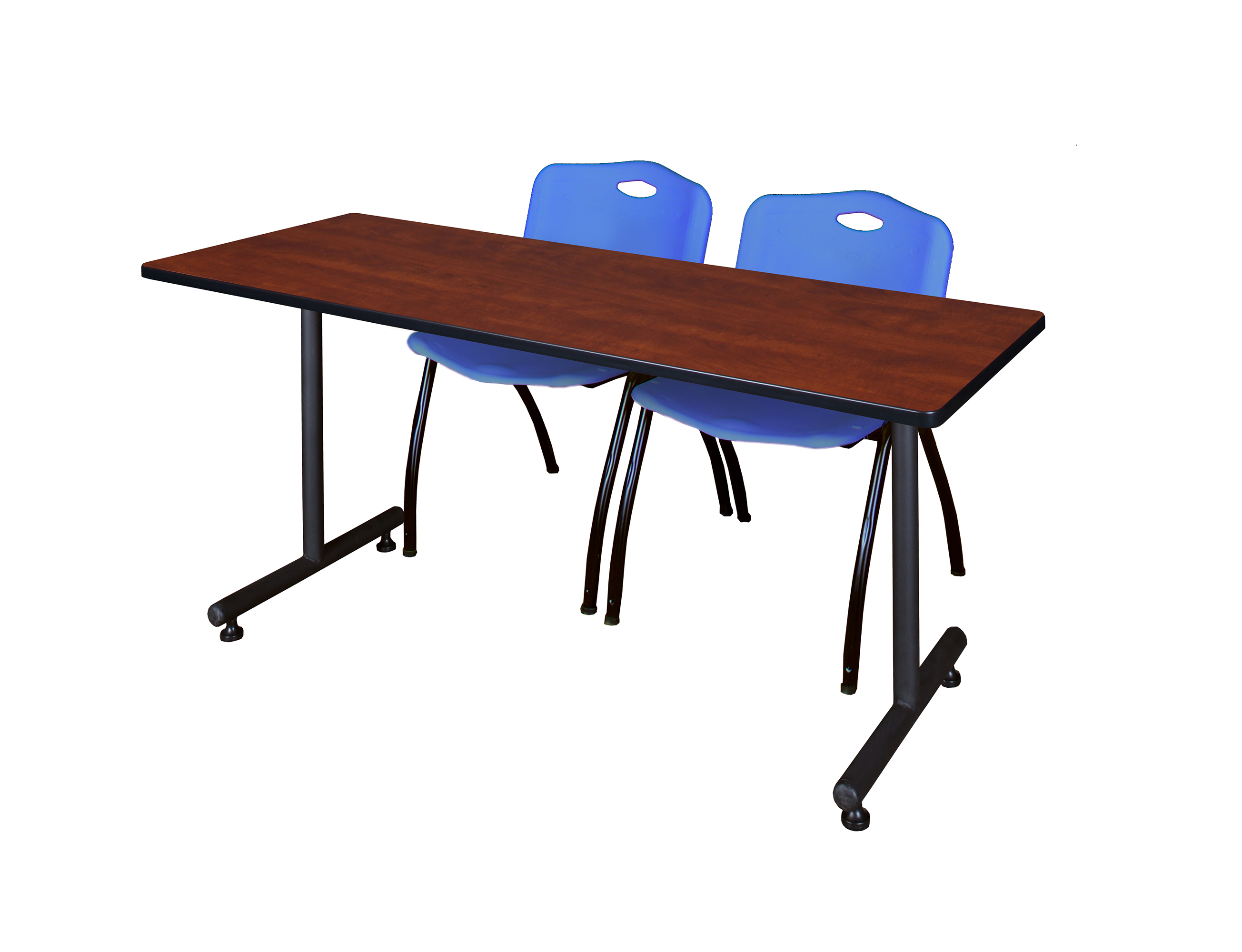 Regency Kobe 72 x 24 in. T-Base Training Seminar Table- Cherry, 2 M Stack Chairs- Blue