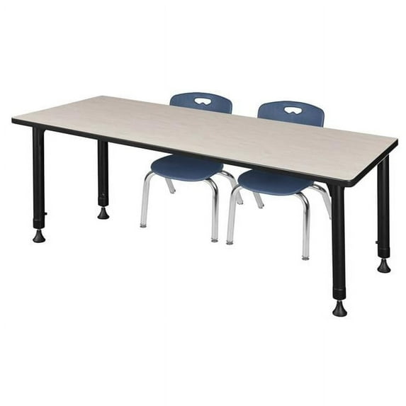 72 x 24 in. Kee Height Adjustable Classroom Table, Maple & 2 Andy 12 in. Stack Chairs - Navy Blue