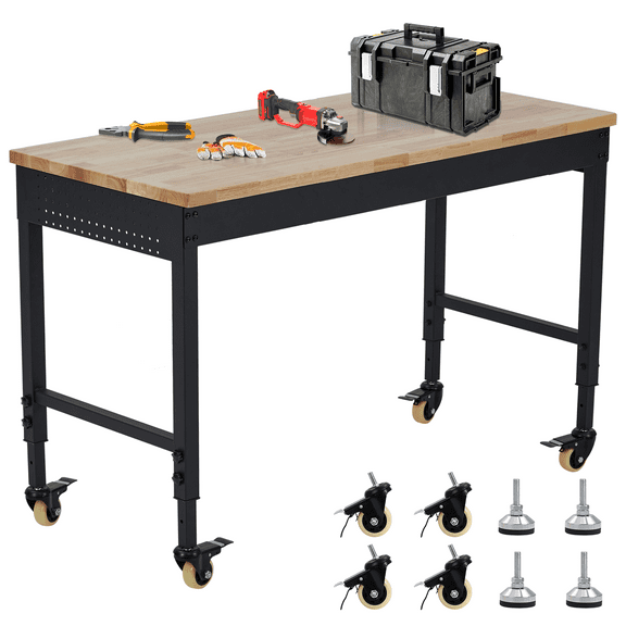 72 x 25" Adjustable Work Bench, 2000 Lbs Capacity Rubber Wood Table Rolling Workbench Heavy Duty Workstation with Power Outlets and Swivel Casters