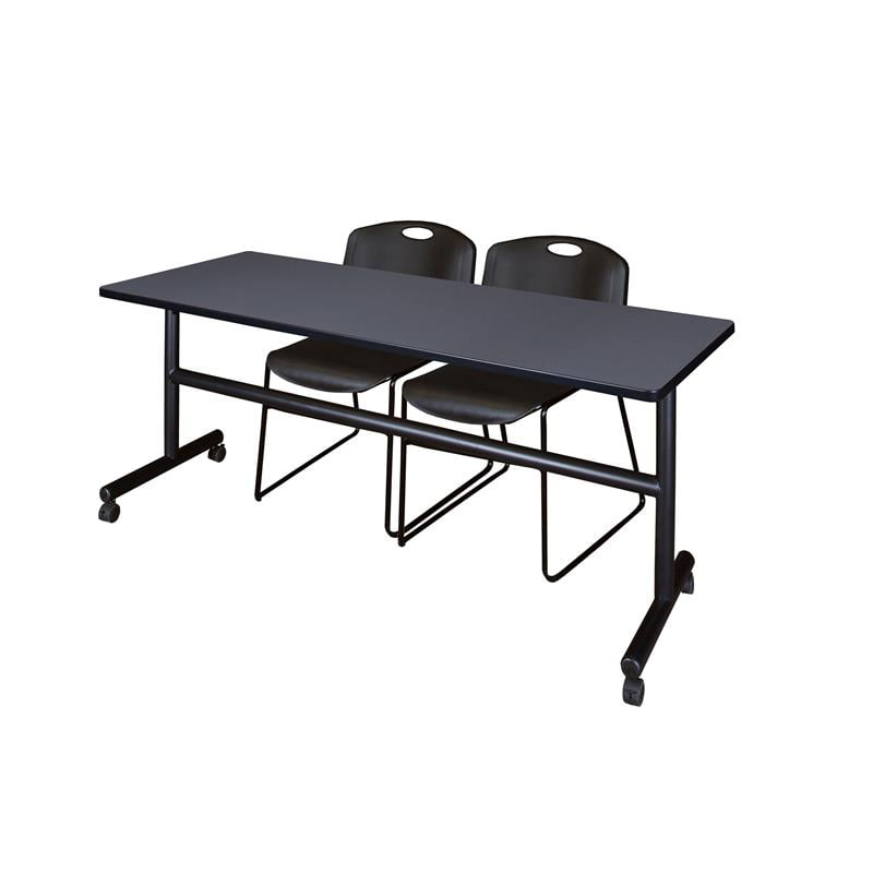 72" x 30" Flip Top Mobile Training Table Grey and 2 Zeng Stack Chairs