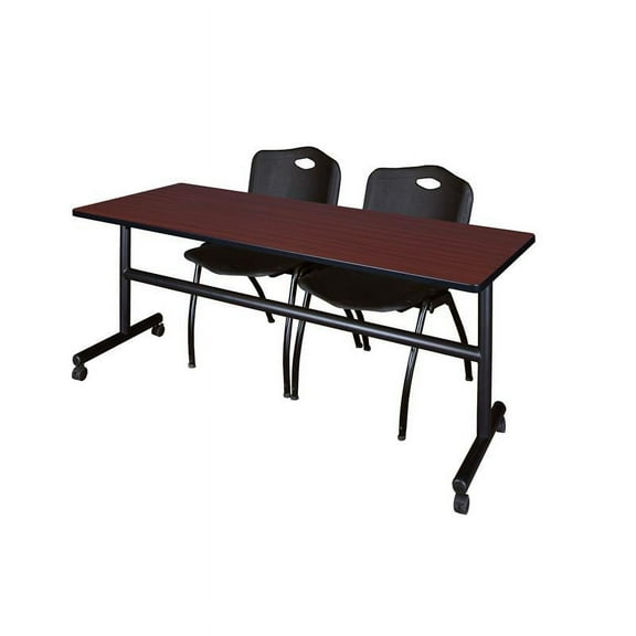 Regency 72" x 30" Flip Top Mobile Training Table- Mahogany and 2 "M" Stack Chairs- Black