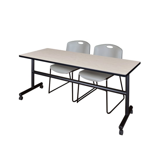 Regency Kobe 72 x 30 in. Flip-Top Training Nesting Table- Maple, 2 Zeng Stack Chairs- Grey