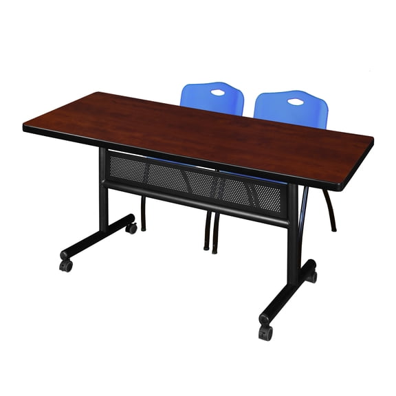Regency Kobe 72 x 30 in. Flip-Top Privacy Nesting Table- Cherry, 2 M Stack Chairs- Blue
