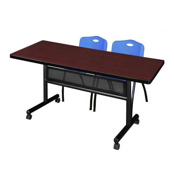 72" x 30" Flip Top Mobile Training Table w/ Divider- Mahogany & 2 Stack Chairs
