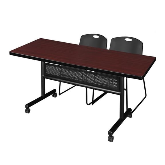 72 x 30 in. Flip Top Mobile Training Table with Modesty Panel - Mahogany & Black 2 Zeng Stack Chairs
