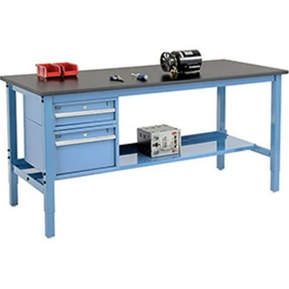 72 x 30 in. Production Workbench - Phenolic Resin Safety Edge with Drawers & Shelf, Blue