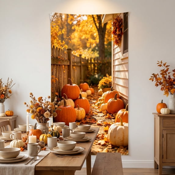 72 x 35 Inch Happy Thanksgiving Banner Door Cover, Fall Harvest Themed Porch Sign, Large Front Door Wall Backdrop for Indoor Outdoor Party Decorations and Photo Booth Props, #02