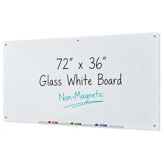 72 x 36 Inch Glass Whiteboard for Wall, Non-Magnetic Dry Erase Board, White Tempered Glass Surface with Aluminum Tray, Metal Mounts and Anchors, Large Writing Surface for Home Office and Classroom