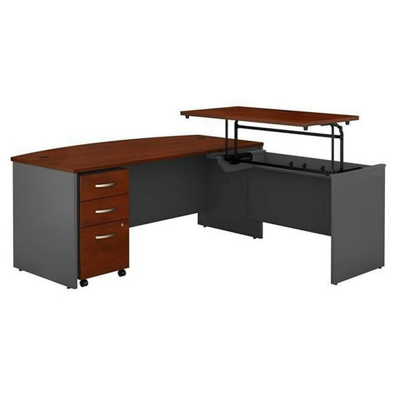72 x 36 in. Series C 3 Position Bow Front Sit to Stand L-Shaped Desk with Mobile File Cabinet - Hansen Cherry