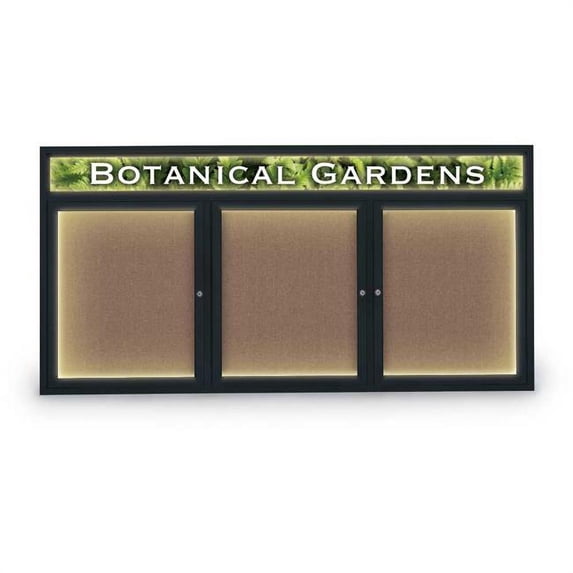 72 x 36 in. Triple Door Traditional Indoor with Header & Illumination Enclosed Corkboard with Pumice Fabric Backing Board & Black Anodized Aluminum Frame
