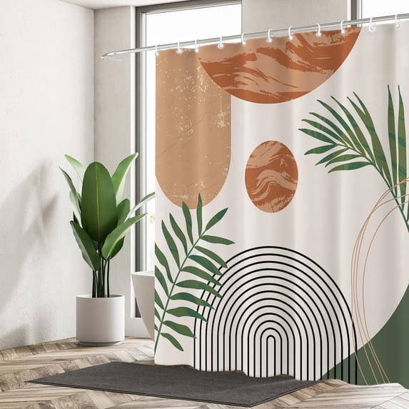 72" x 72" Boho Mid Century Leaf Shower Curtain,Arch Sun Design,Minimalistic Leaves Pattern,Waterproof and Luxurious Chocolate Fabric-12 Hooks,Sage Green