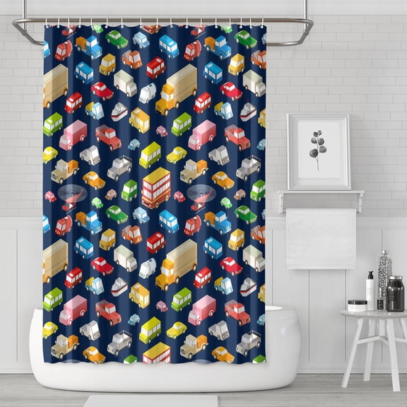 72" x 72" Construction Truck Shower Curtain - Premium Polyester Bath Drapes with Cartoon Car & Excavator Print, Fade-Resistant, Machine Washable & Quick Dry