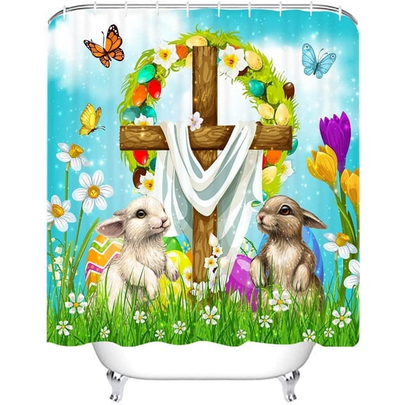 72" x 72" Easter Shower Curtain He is Risen The Cross On Spring Easter Bathroom Set Easter Cute Bunny Home Bath Bathtub Decor Durable Fabric Machine Washable with 12 Hooks