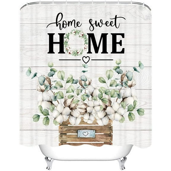 72" x 72" Farmhouse Shower Curtain Home Sweet Home Eucalyptus Leaves Cotton Bathroom Set Farmhouse Rustic Holiday Home Bath Bathtub Decor Durable Fabric Machine Washable with 12 Hooks