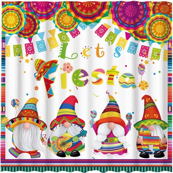 72" x 72" Let's Fiesta Gnomes Baby Shower Curtain Set with Hooks Cinco De Mayo Bright Bathroom Decorations Bathtubs Decor Easy Care Washable Waterproof Polyester Fabric