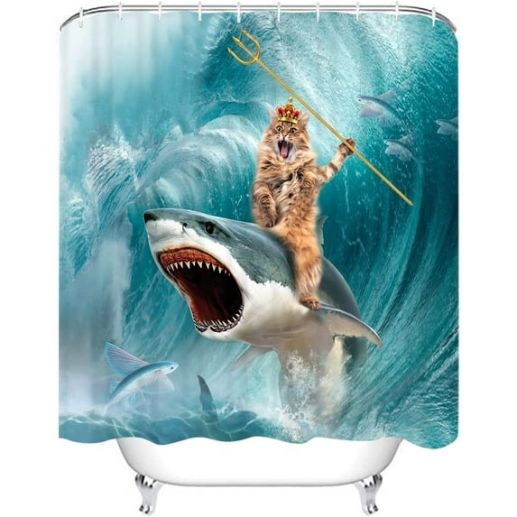 72" x 72" Funny Cat Shower Curtain Cat Riding Shark Ocean Wave Bathroom Set Fun Animal Nautical Home Bath Bathtub Decor Durable Fabric Machine Washable with 12 Hooks