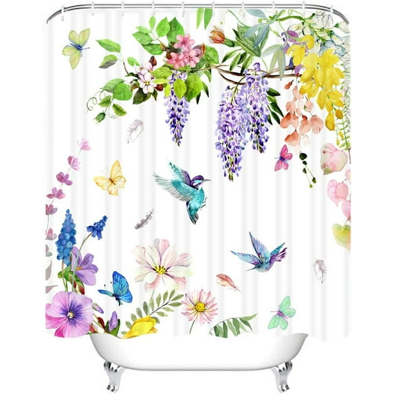 72" x 72" Hummingbird Shower Curtain Spring Bird Floral Flower Bathroom Set Vintage Wood Rustic Farmhouse Butterfly Home Bath Bathtub Decor Durable Fabric Machine Washable with 12 Hooks