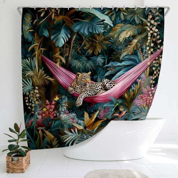 72 x 72 Inch Funny Tropical Leopard Shower Curtain Cheetah in Hammock Decorative Bath Curtain Tropical Animals Leaves Plant Bath Bathroom Accessories Decor with 12 Hooks
