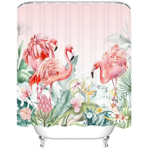 72" x 72" Summer Flamingo Shower Curtain Tropical Watercolor Floral Leaves Bathroom Set Pink Flamingo Home Bath Bathtub Decor Durable Fabric Machine Washable with 12 Hooks