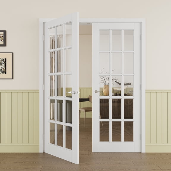 72" x 80" 15-Lite Clear Glass Double Doors with French Door Ready-to-Assemble Jamb, Solid Door, Silver Levers & Hinges, Interior Door, Pre-finished & Paintable, White