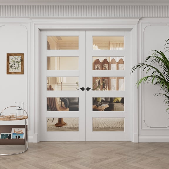 72" x 80" (2 Sets of 36") 5-Lite Clear Glass French Doors Interior White Primed Solid Core Pantry Door With Jamb / Handles