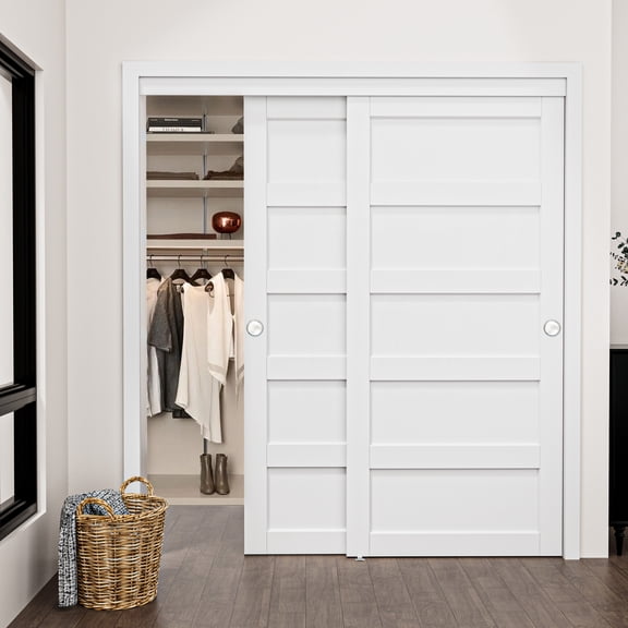 72" x 80"(2 Sets of 36") 80" White MDF Sliding Closet Door With Hardware Kit, Assembled Need 5-Panel Style Solid Core(Assembly need)