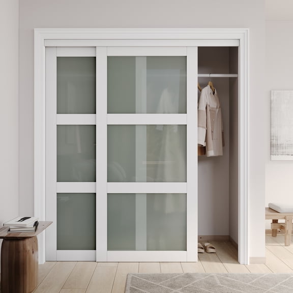 72" x 80" Assembled White Prefinished 3-Lite Tempered Frosted Glass Sliding Door With Hardware Kit