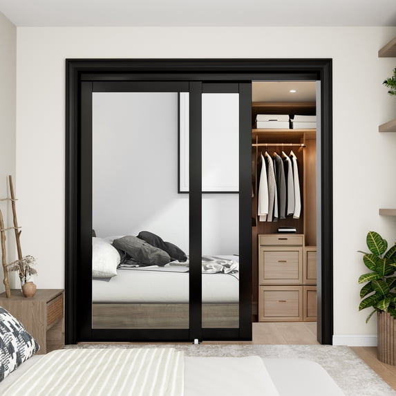 72" x 80" Black Closet Sliding DoorFull Lite Mirror White With Hardware