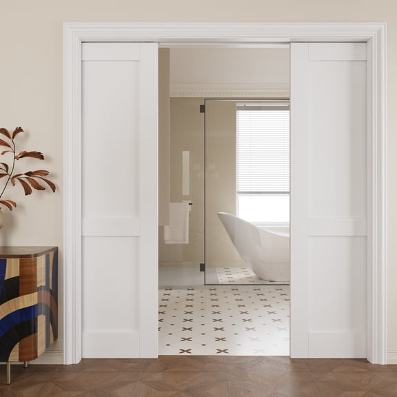 72" x 80" (Double 36") 2 Panel Pocket Doors with Soft Close, Solid Core Door Panels & Pocket Doors Hardware & Frames, Bathroom Door, Bedroom Door, Pre-finished & Paintable, White