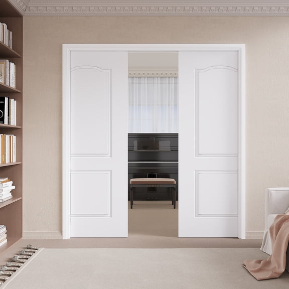 72" x 80" (Double 36") Arch Top 2 Panel Pocket Doors with Soft Close, Molded Solid Core Door Panels & Pocket Doors Hardware & Frames, Bathroom Door, Bedroom Door, Pre-finished & Paintable, White