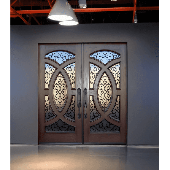 72" x 80" Environment Damage Resistant Polyurethane Composite Exterior Entry House Front Door, Openable Tempered Rain Glass Window, Left-Hand Double Door Inward Swing Dark Walnut AR06W