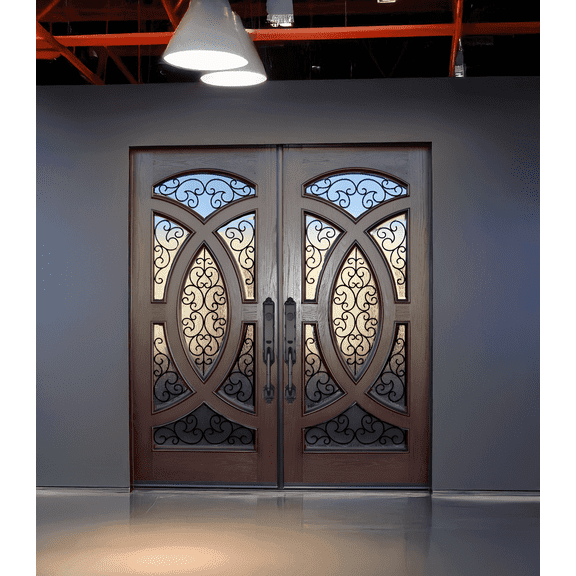 72" x 80" Environment Damage Resistant Polyurethane Composite Exterior Entry House Front Door, Openable Tempered Rain Glass Window, Left-Hand Double Door Inward Swing Dark Walnut AR06W