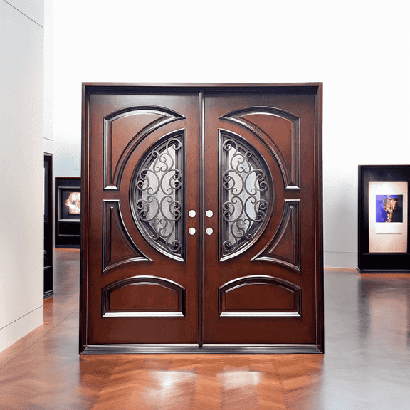 72" x 80" Environment Damage Resistant Polyurethane Composite Exterior Entry House Front Door, Openable Tempered Rain Glass Window, Left-Hand Double Door Inward Swing Dark Walnut AR05