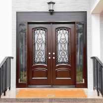 72" x 80" Environment Damage Resistant Polyurethane Composite Exterior Entry House Front Door, Openable Tempered Rain Glass Window, Left-Hand Double Door Inward Swing Dark Walnut