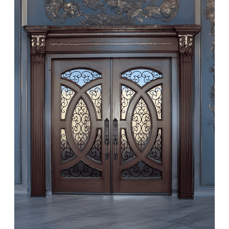 72" x 80" Environment Damage Resistant Polyurethane Composite Exterior Entry House Front Door, Openable Tempered Rain Glass Window, Right-Hand Double Door Inward Swing Dark Walnut AR06A