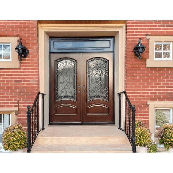 72" x 80" Environment Damage Resistant Polyurethane Composite Exterior Entry House Front Door, Openable Tempered Rain Glass Window, Right-Hand Double Door Inward Swing Dark Walnut