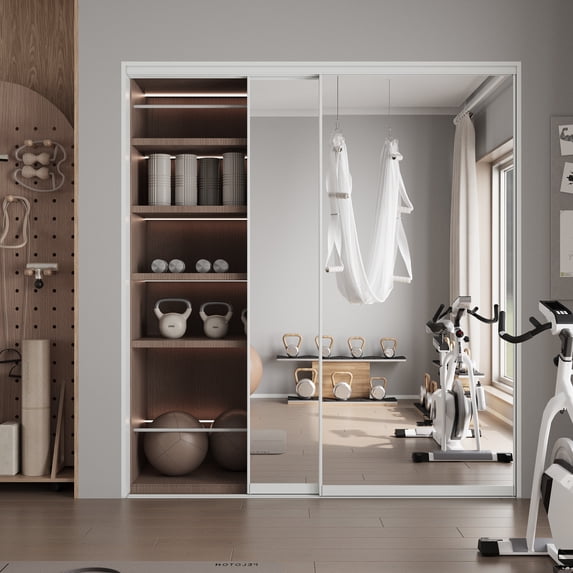 72" x 80" H Aluminum Frame 1 Lite Tempered Mirrored Sliding Closet Doors with Installation Hardware Kit