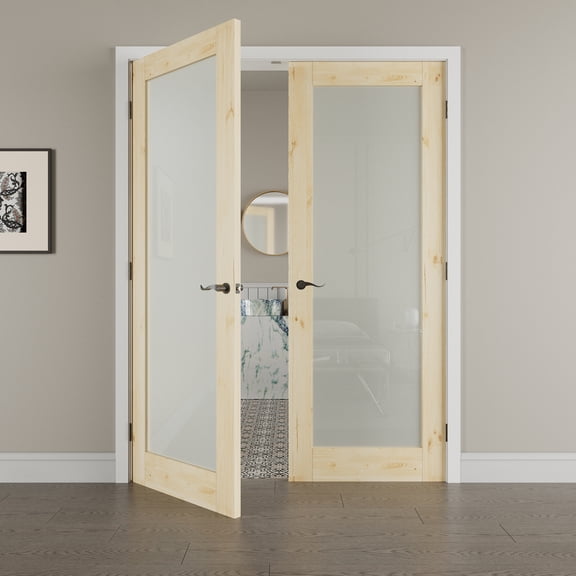 72" x 80" Half Panel Frosted Glass Pine Wood Double Doors with French Door Ready-to-Assemble Jamb, Solid Interior Door, Black Levers & Hinges, Unfinished Knotty Wood & Ready-to-Stain