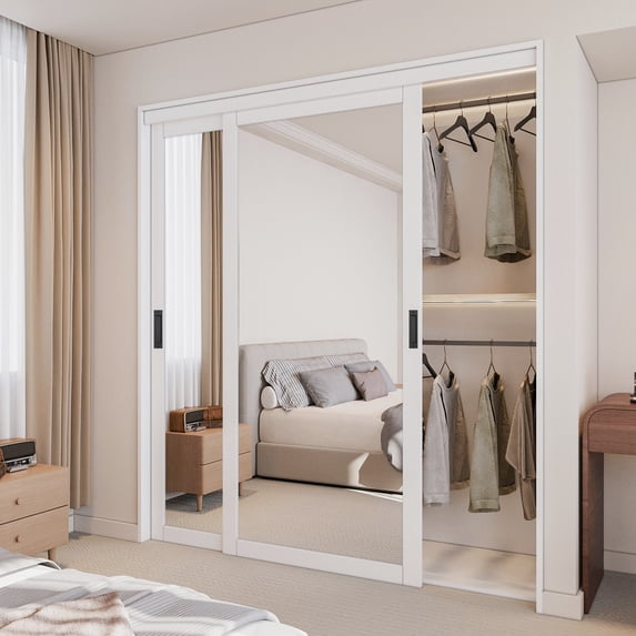 72" x 80" Height Mirror Sliding Closet Doors Forested With Silent Sliding Rollers, Contemporary Design For Walk-In Closets And Nursery Rooms