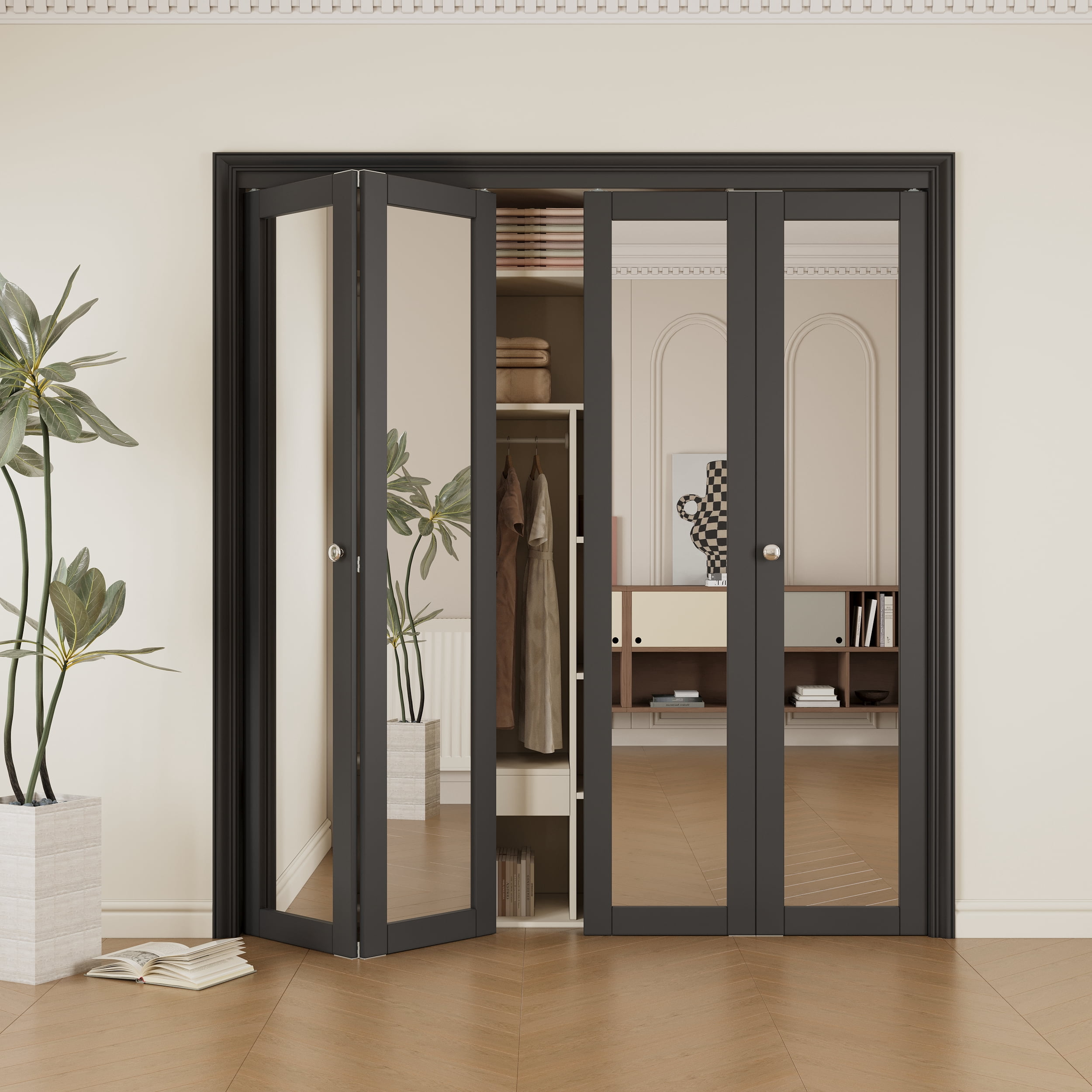 72" x 80" Mirror Black Bifold Doors with Hardware Kit & Knob, Solid