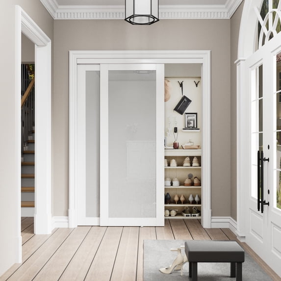 72" x 80" Sliding Closet Door Primed Frosted Glass Panels With Installation Hardware Kit